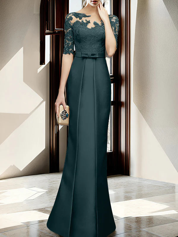 Champagne Satin Sheath/Column Mother of the Bride Floor-Length Dress with Lace Boat Neck