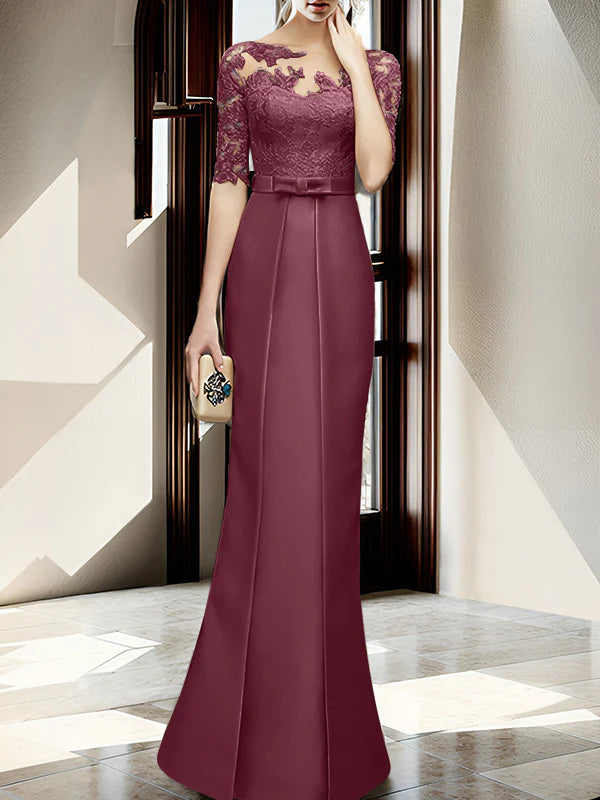 Champagne Satin Sheath/Column Mother of the Bride Floor-Length Dress with Lace Boat Neck