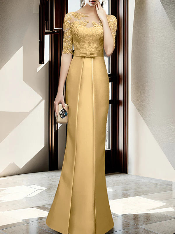 Gold Satin Sheath/column Floor-Length Dress with Lace Bodice