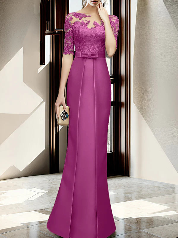 Gold Satin Sheath/column Floor-Length Dress with Lace Bodice