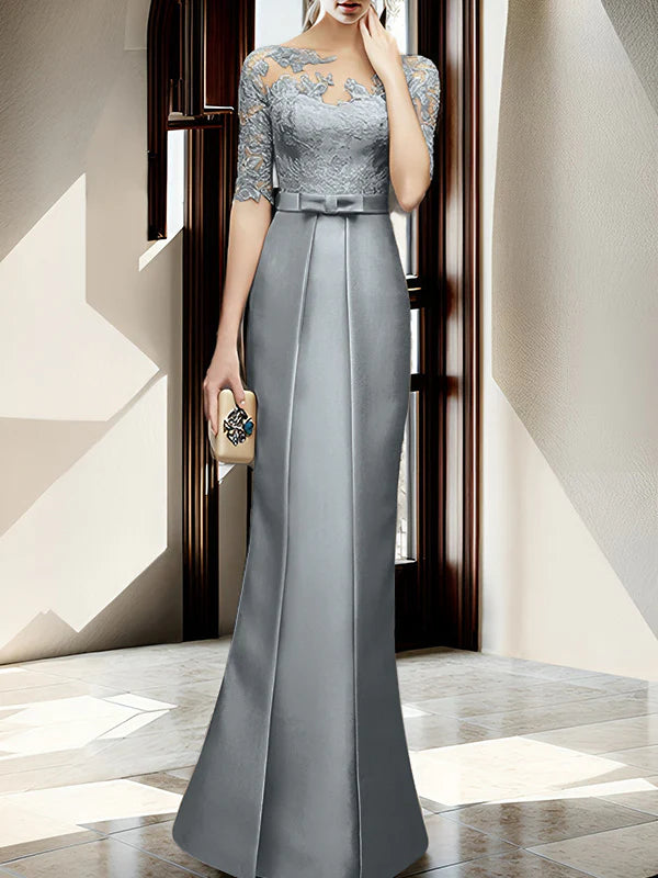 Gold Satin Sheath/column Floor-Length Dress with Lace Bodice
