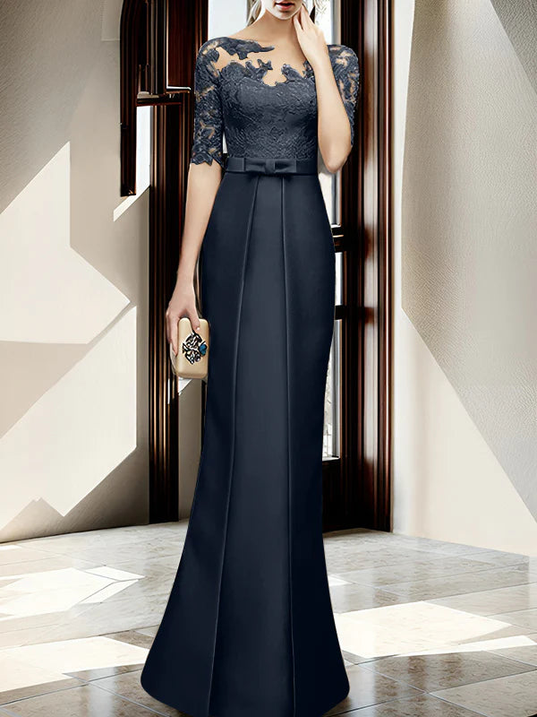 Gold Satin Sheath/column Floor-Length Dress with Lace Bodice