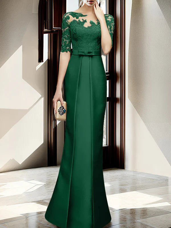 Gold Satin Sheath/column Floor-Length Dress with Lace Bodice