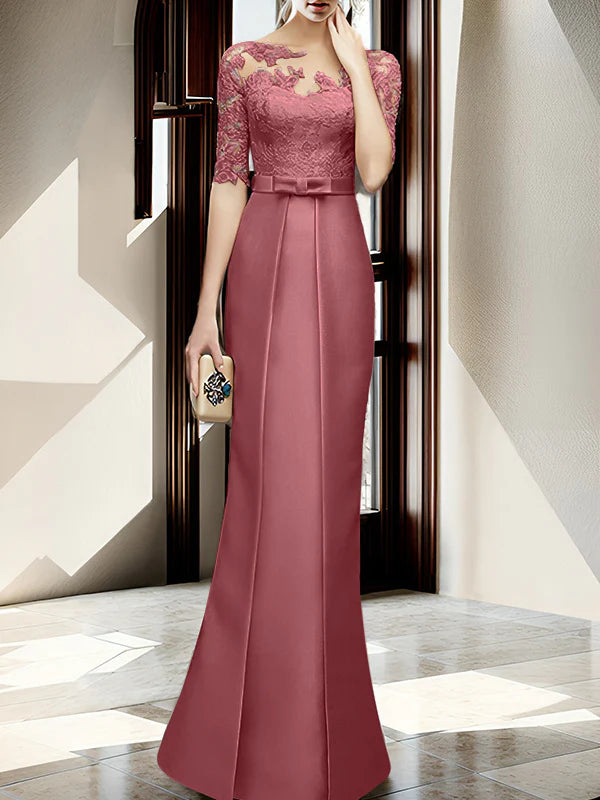 Gold Satin Sheath/column Floor-Length Dress with Lace Bodice