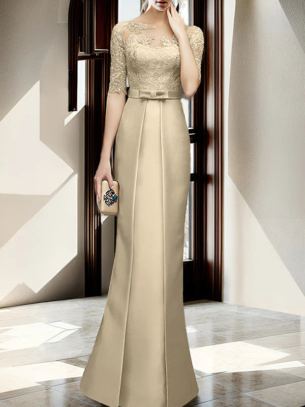 Gold Satin Sheath/column Floor-Length Dress with Lace Bodice