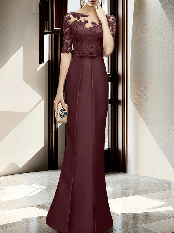 Gold Satin Sheath/column Floor-Length Dress with Lace Bodice