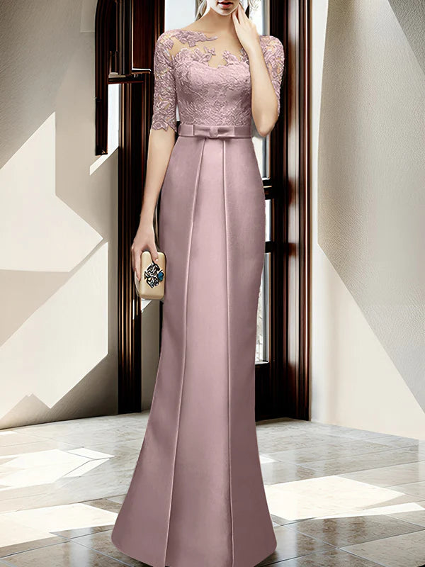 Champagne Satin Sheath/Column Mother of the Bride Floor-Length Dress with Lace Boat Neck