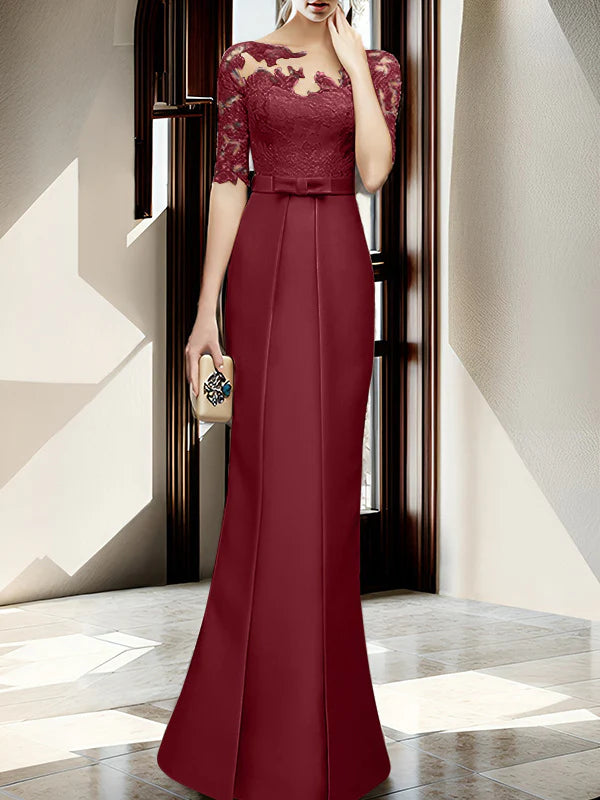 Gold Satin Sheath/column Floor-Length Dress with Lace Bodice
