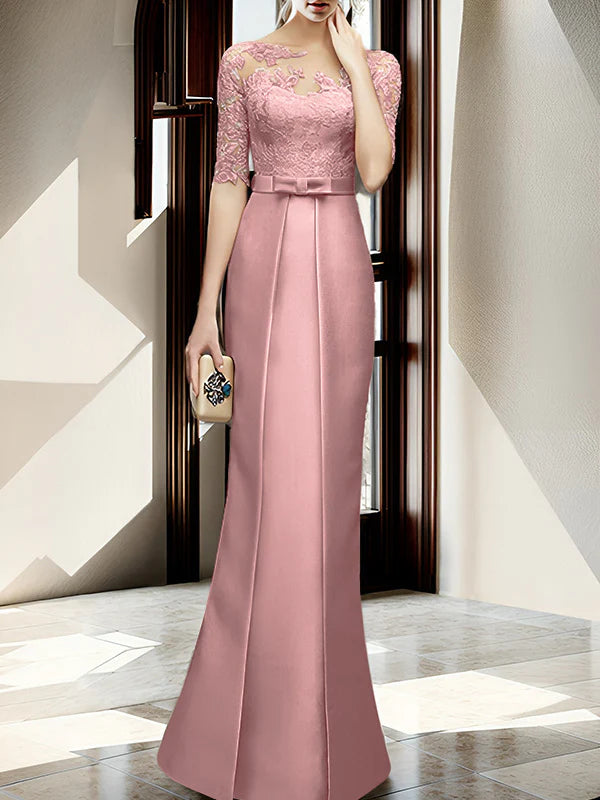 Gold Satin Sheath/column Floor-Length Dress with Lace Bodice