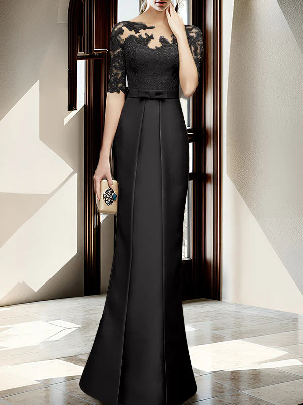 Gold Satin Sheath/column Floor-Length Dress with Lace Bodice