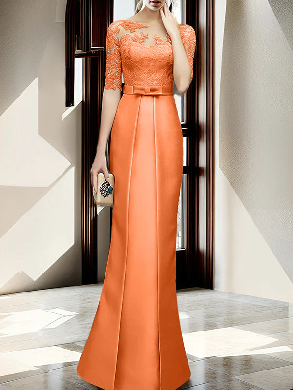 Gold Satin Sheath/column Floor-Length Dress with Lace Bodice