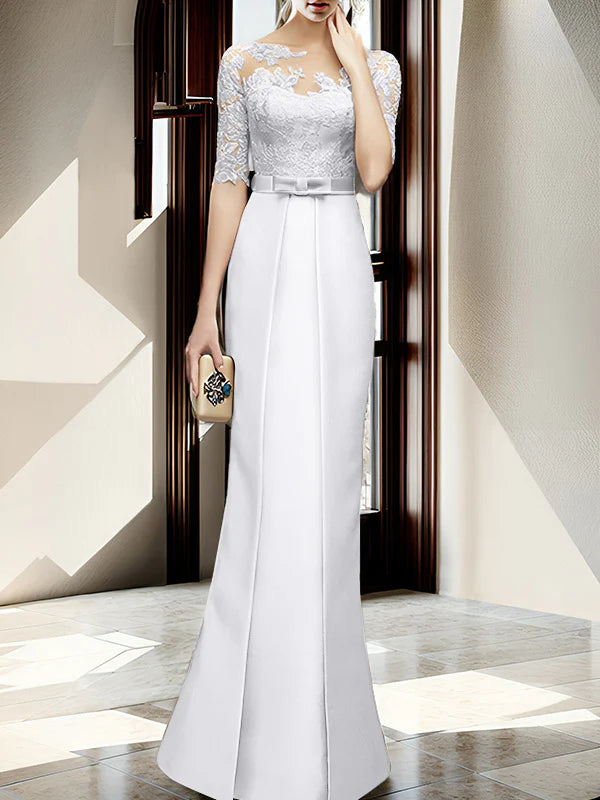 Gold Satin Sheath/column Floor-Length Dress with Lace Bodice