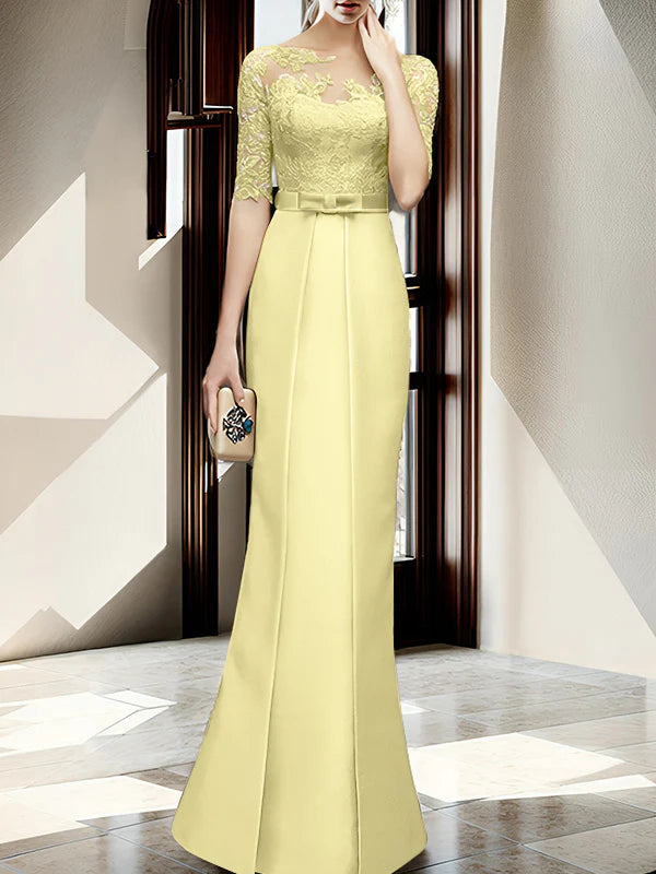 Gold Satin Sheath/column Floor-Length Dress with Lace Bodice