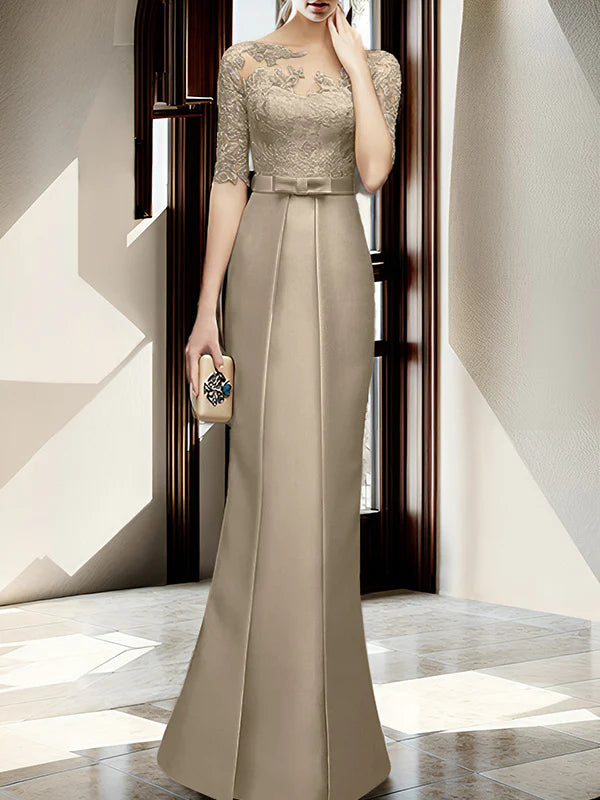 Champagne Satin Sheath/Column Mother of the Bride Floor-Length Dress with Lace Boat Neck