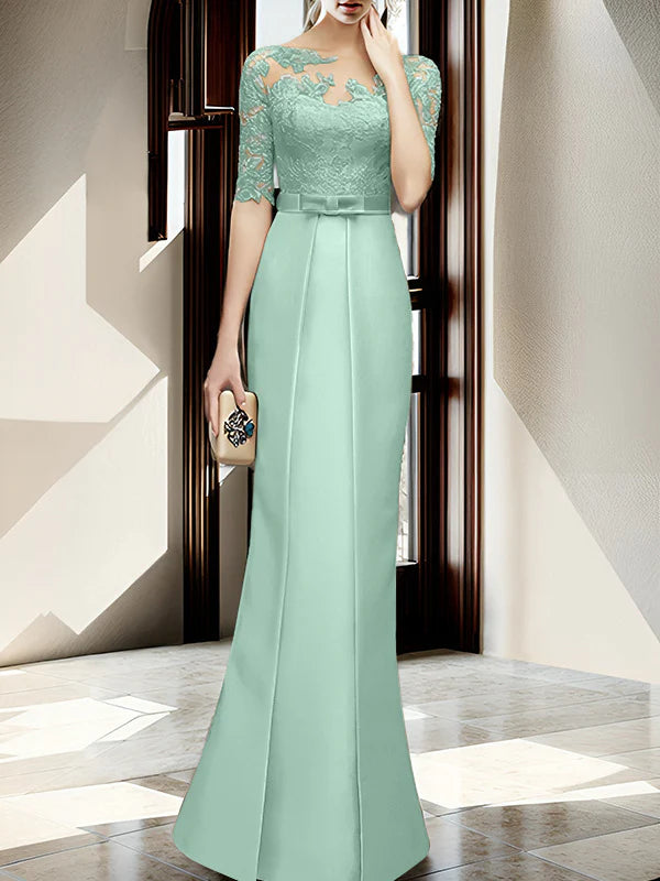 Mint Green Satin Sheath/column Floor-Length Bridesmaid Dress with Boat Neck and Lace Bodice