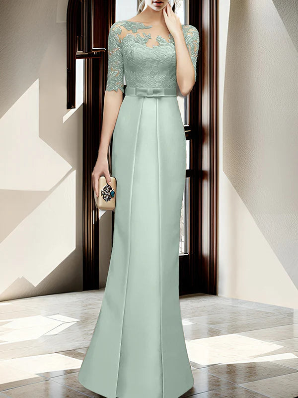 Mint Green Satin Sheath/column Floor-Length Bridesmaid Dress with Boat Neck and Lace Bodice