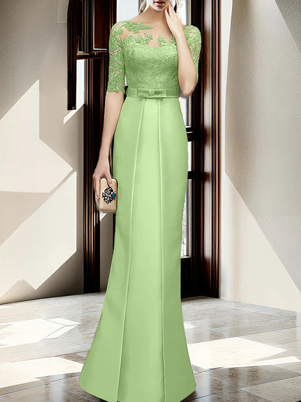 Mint Green Satin Sheath/column Floor-Length Bridesmaid Dress with Boat Neck and Lace Bodice