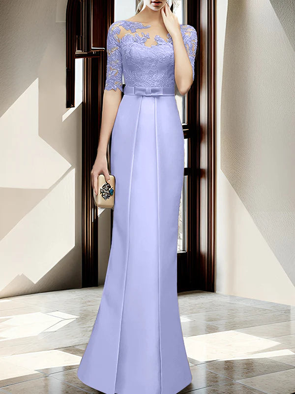 Mint Green Satin Sheath/column Floor-Length Bridesmaid Dress with Boat Neck and Lace Bodice