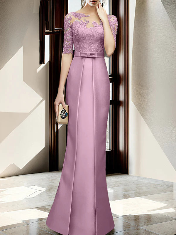 Mint Green Satin Sheath/column Floor-Length Bridesmaid Dress with Boat Neck and Lace Bodice