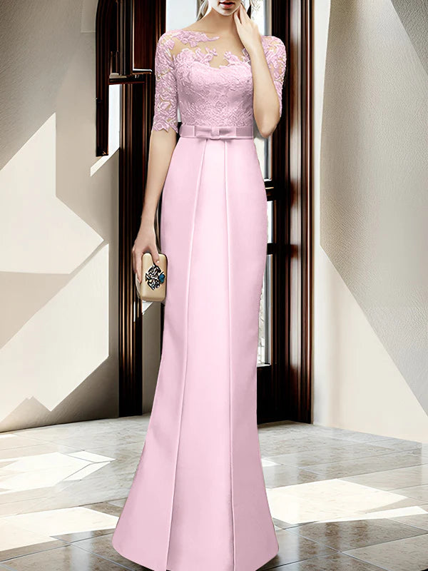 Mint Green Satin Sheath/column Floor-Length Bridesmaid Dress with Boat Neck and Lace Bodice