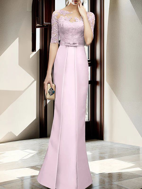 Mint Green Satin Sheath/column Floor-Length Bridesmaid Dress with Boat Neck and Lace Bodice