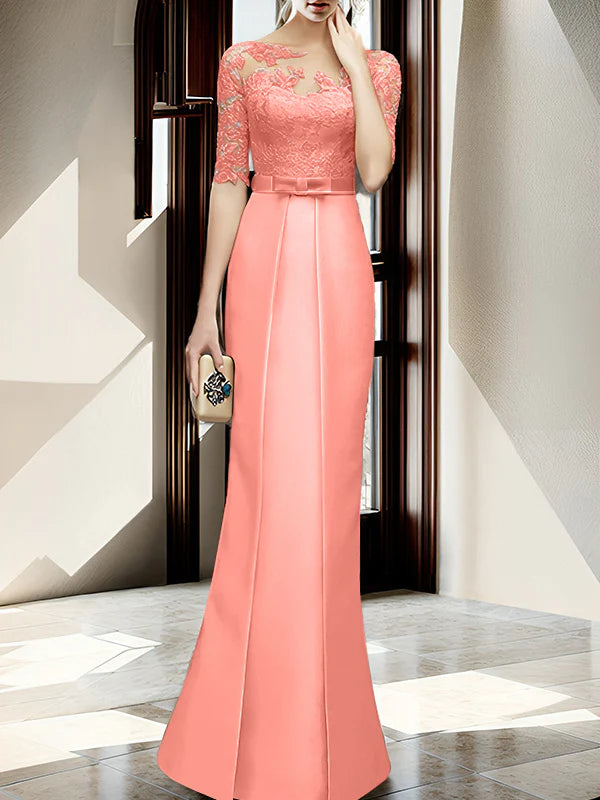 Mint Green Satin Sheath/column Floor-Length Bridesmaid Dress with Boat Neck and Lace Bodice