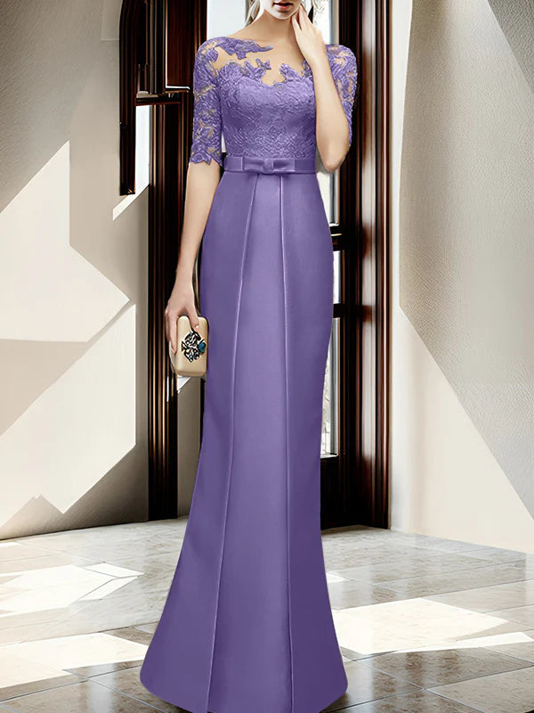 Champagne Satin Sheath/Column Mother of the Bride Floor-Length Dress with Lace Boat Neck