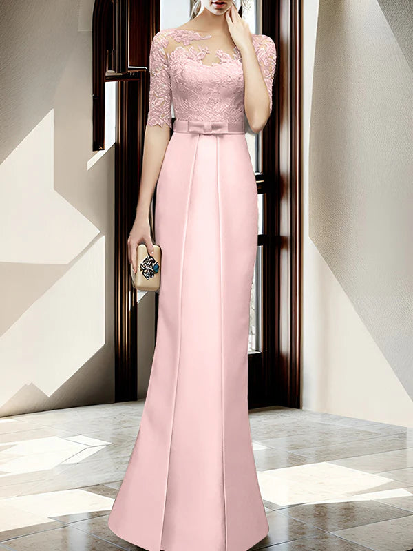 Mint Green Satin Sheath/column Floor-Length Bridesmaid Dress with Boat Neck and Lace Bodice