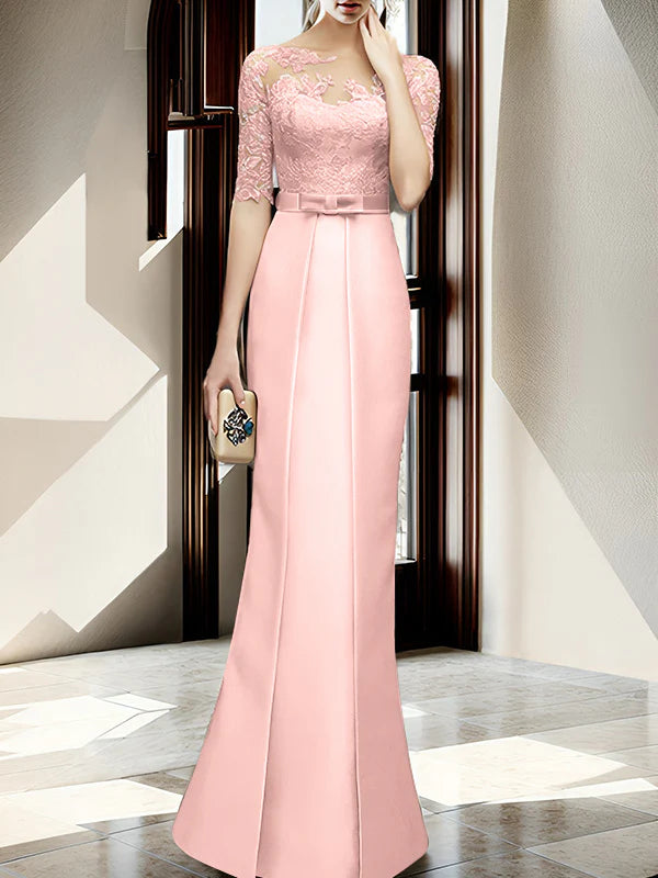 Mint Green Satin Sheath/column Floor-Length Bridesmaid Dress with Boat Neck and Lace Bodice
