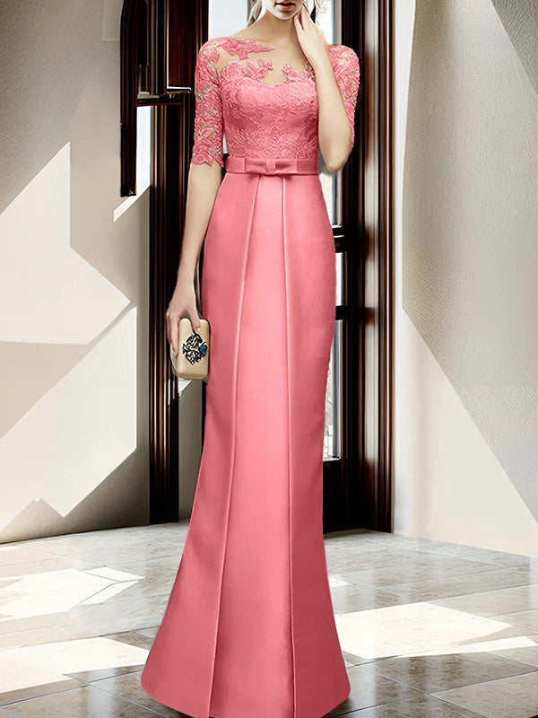 Mint Green Satin Sheath/column Floor-Length Bridesmaid Dress with Boat Neck and Lace Bodice
