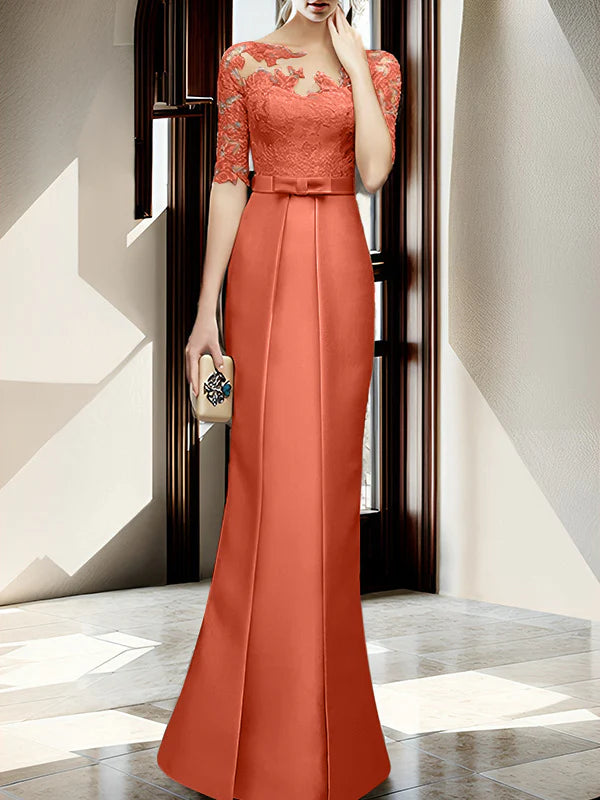 Mint Green Satin Sheath/column Floor-Length Bridesmaid Dress with Boat Neck and Lace Bodice