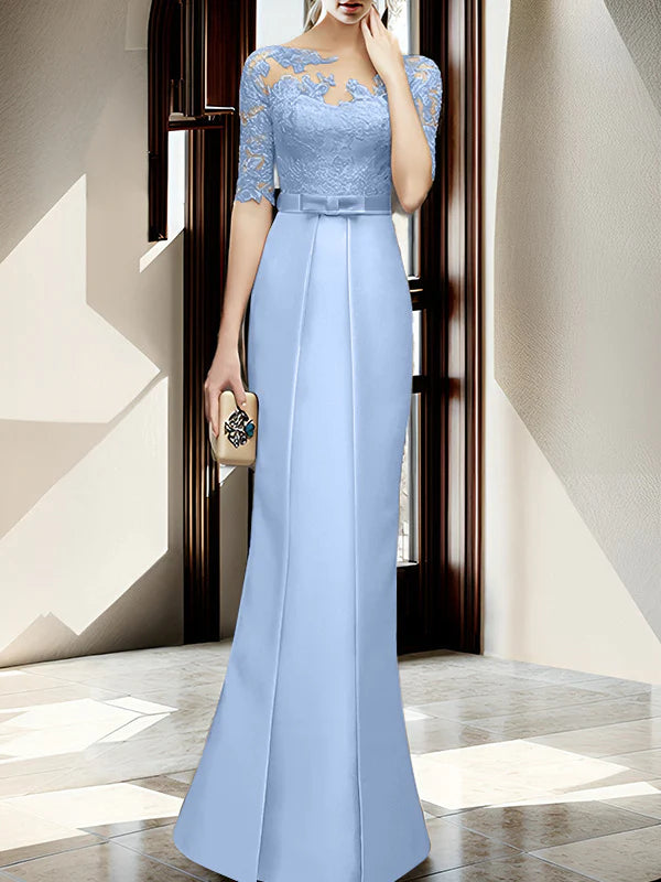 Mint Green Satin Sheath/column Floor-Length Bridesmaid Dress with Boat Neck and Lace Bodice