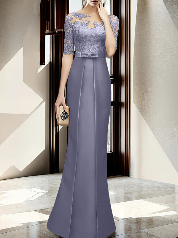 Champagne Satin Sheath/Column Mother of the Bride Floor-Length Dress with Lace Boat Neck