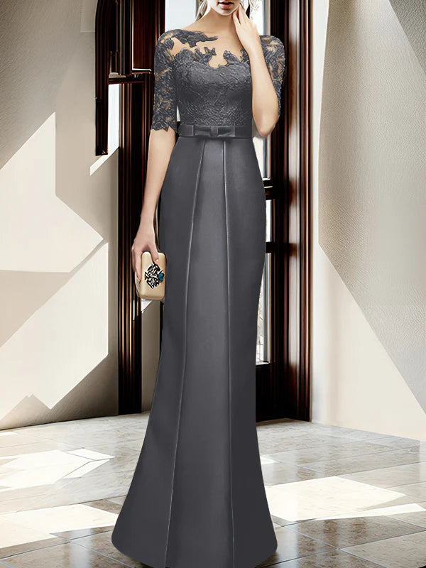 Champagne Satin Sheath/Column Mother of the Bride Floor-Length Dress with Lace Boat Neck