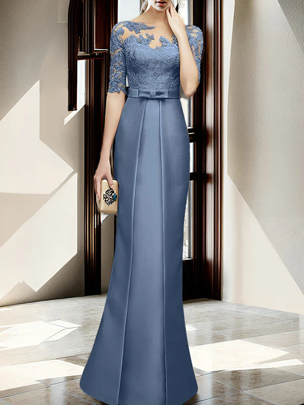Champagne Satin Sheath/Column Mother of the Bride Floor-Length Dress with Lace Boat Neck