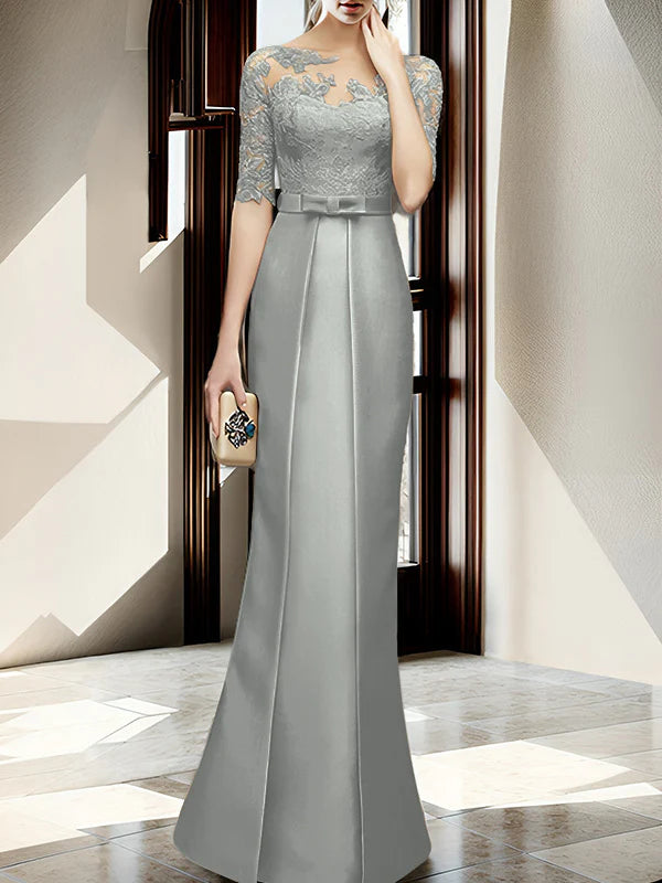 Champagne Satin Sheath/Column Mother of the Bride Floor-Length Dress with Lace Boat Neck