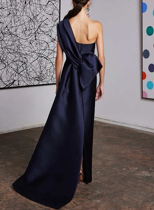 Elegant Dark Navy One Shoulder Satin Floor-Length Evening Dress