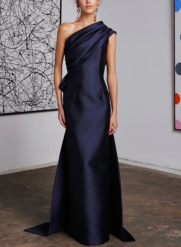 Elegant Dark Navy One Shoulder Satin Floor-Length Evening Dress