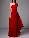 Red Crepe A-Line Floor-Length Evening Dress with One Shoulder Neckline