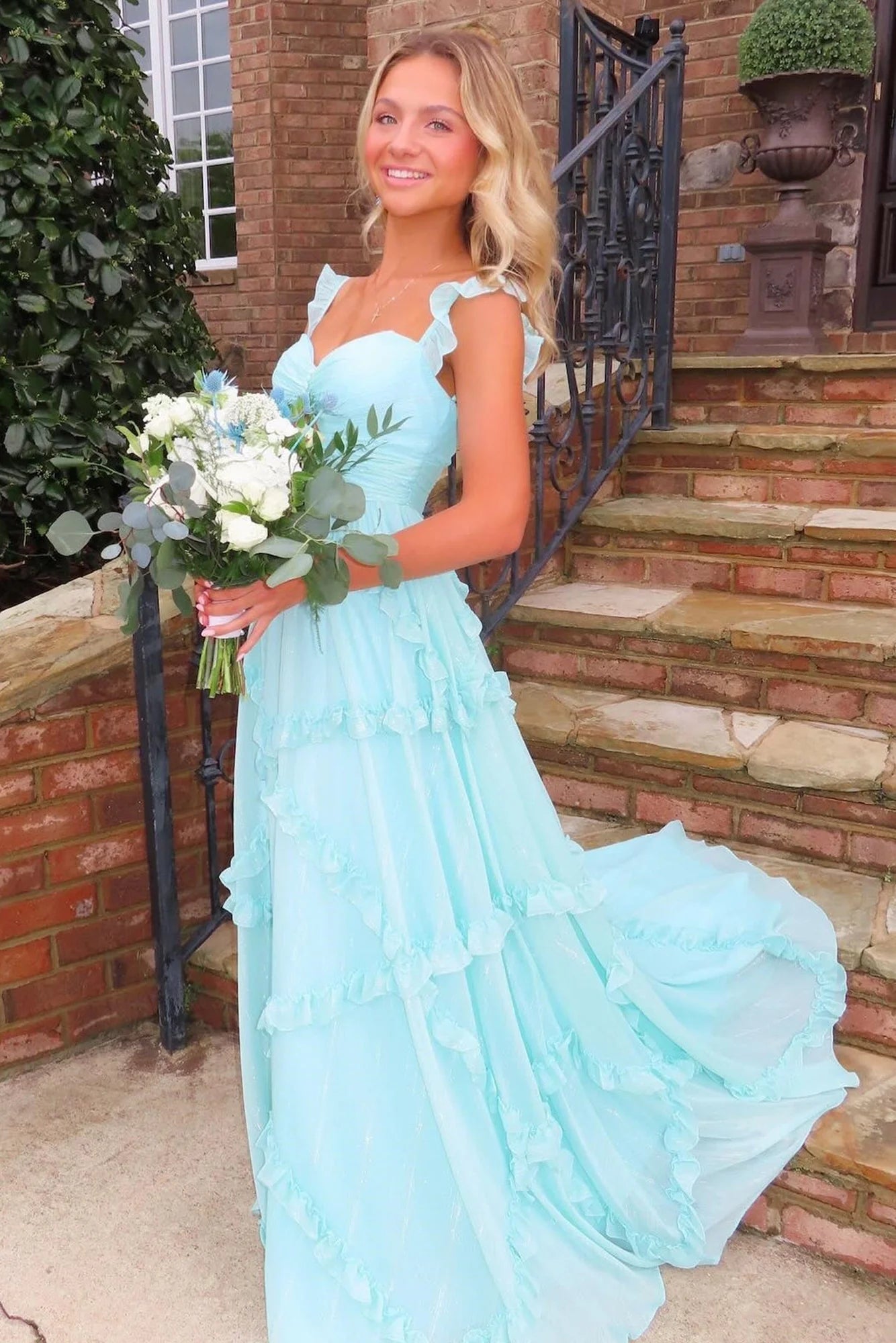 Sheer Chiffon Ruffled Spaghetti-Strap Sweetheart Cut-Out Tiered Floor-Length Mint Green Prom Dress
