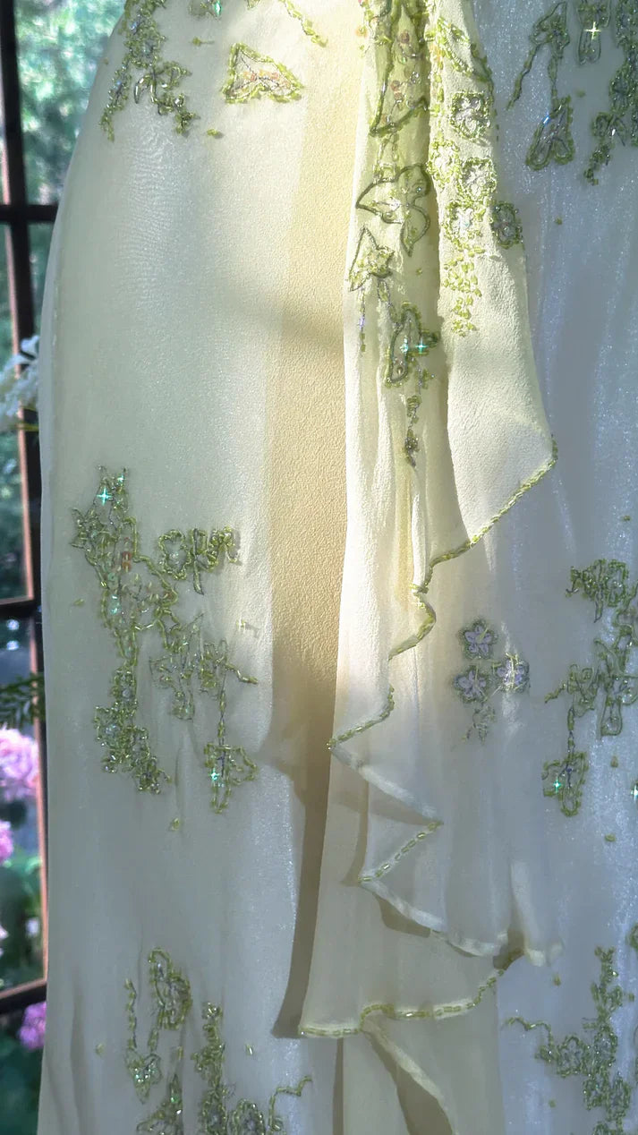 Sheer Satin Spaghetti-Strap Ruched Bodice Embroidered Ruffle Floor-Length Romantic Formal Evening Dress