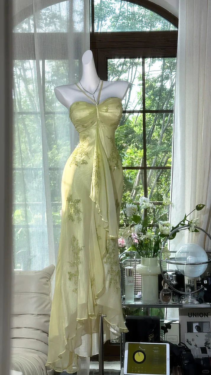 Mint Green Chiffon Sheath/column Floor-Length Evening Dress with Embroidered Bodice and Asymmetrical Draping
