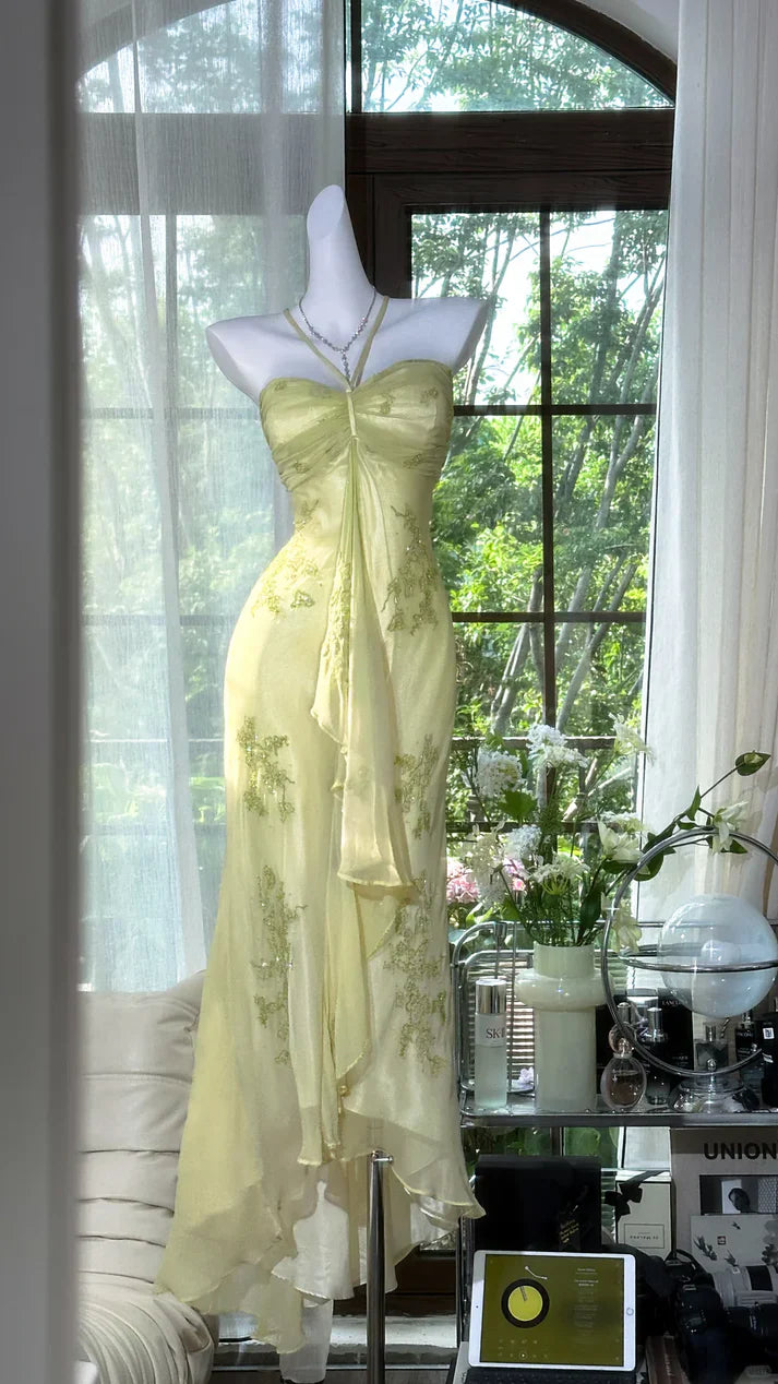Mint Green Chiffon Sheath/column Floor-Length Evening Dress with Embroidered Bodice and Asymmetrical Draping