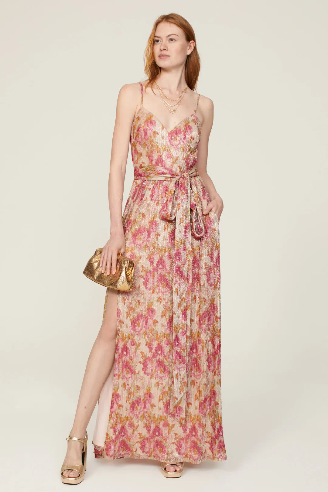 Shimmer Floral Print A-Line V-Neck Spaghetti Strap Back Zip Floor-Length Prom Dress