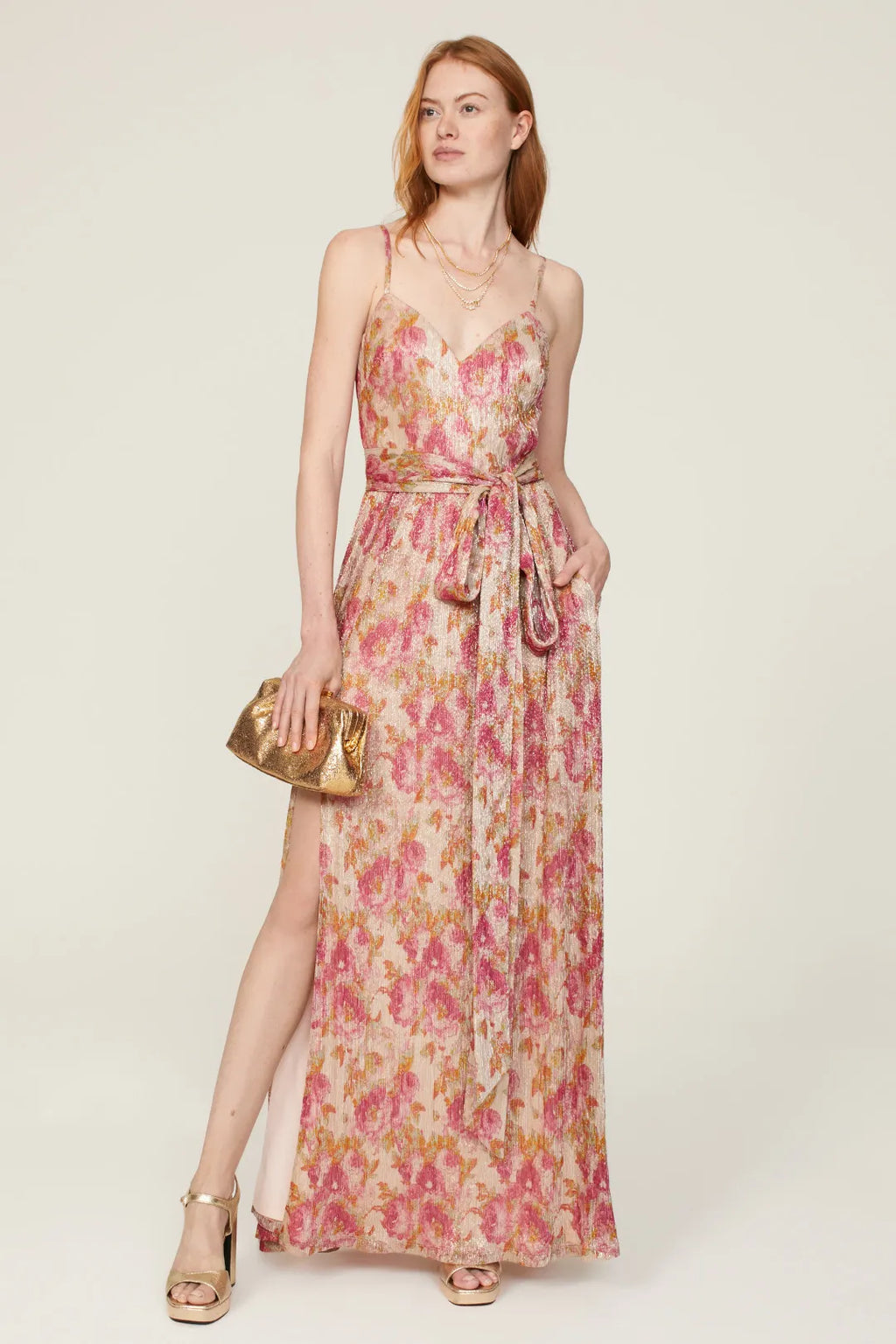 Blushing Pink Chiffon A-Line Floor-Length Sweetheart Evening Dress with High Slit