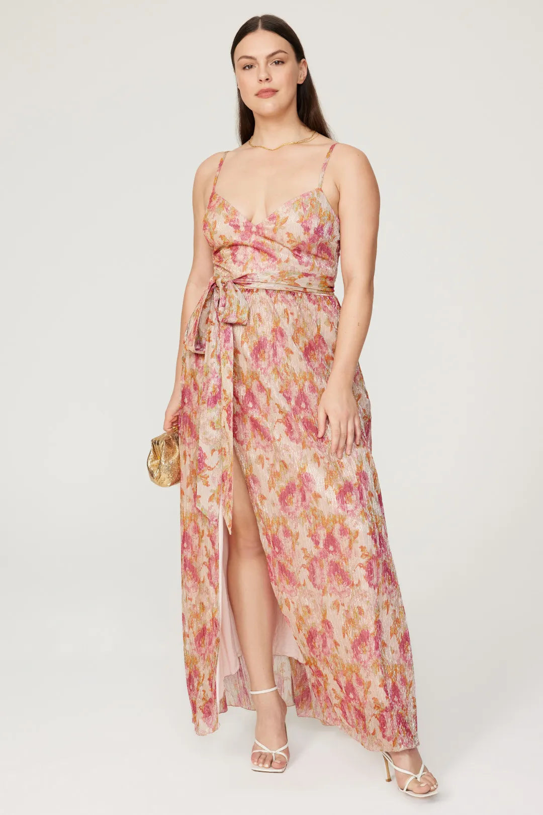 Shimmer Floral Print A-Line V-Neck Spaghetti Strap Back Zip Floor-Length Prom Dress