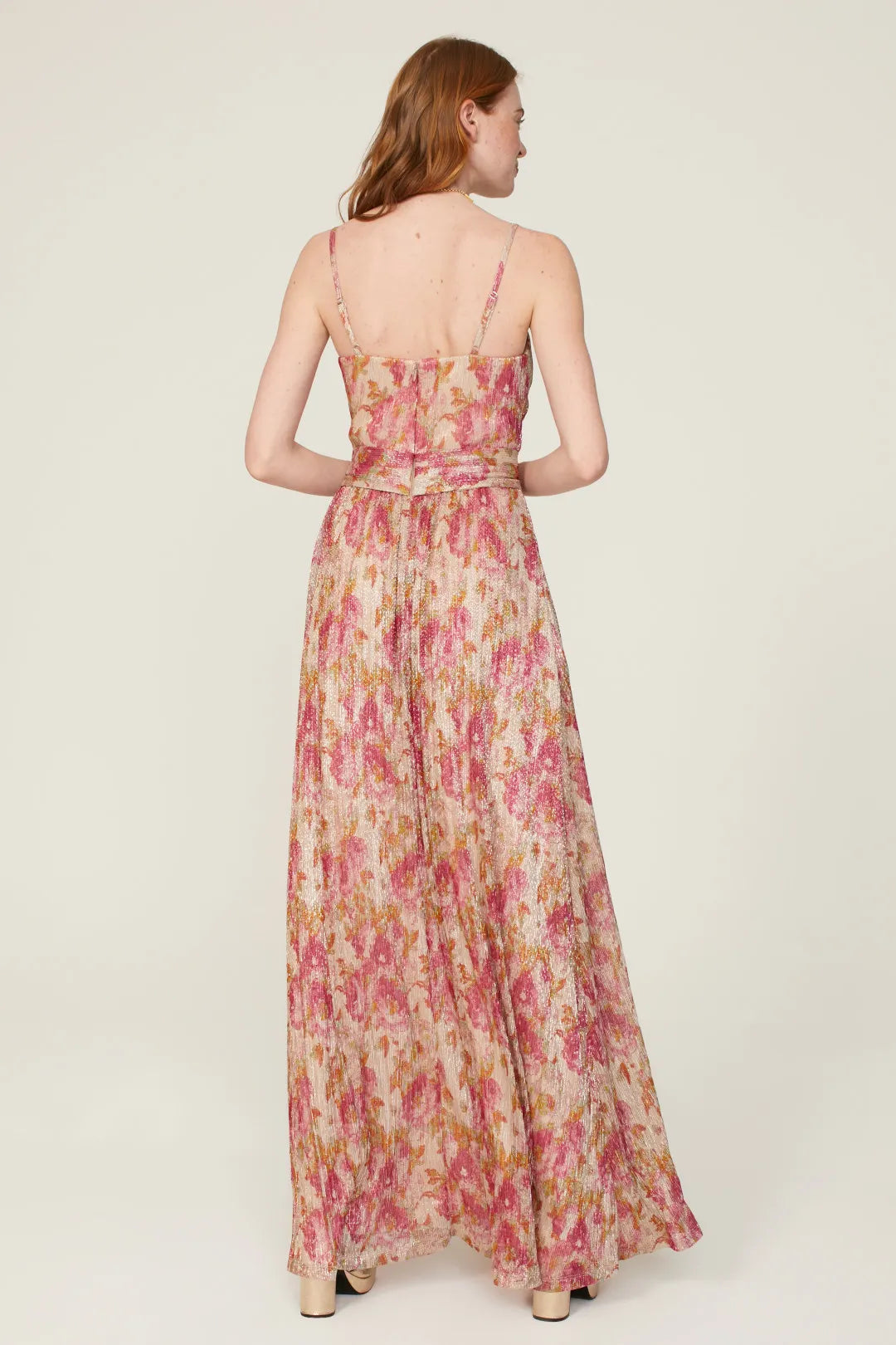 Shimmer Floral Print A-Line V-Neck Spaghetti Strap Back Zip Floor-Length Prom Dress
