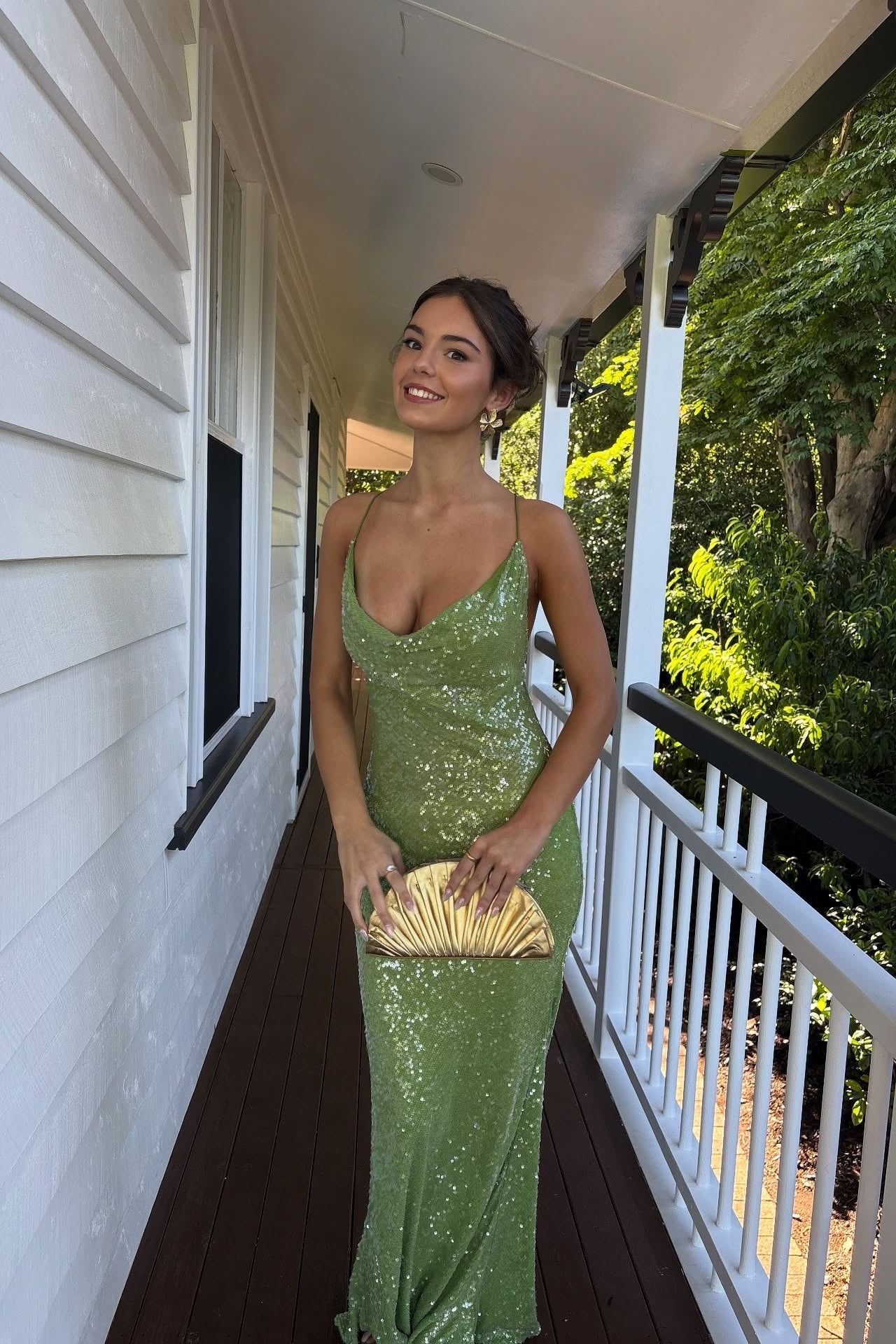 Shimmering Mermaid Cowl Neck Spaghetti Straps Cross Back Floor Length Sequin Evening Dress