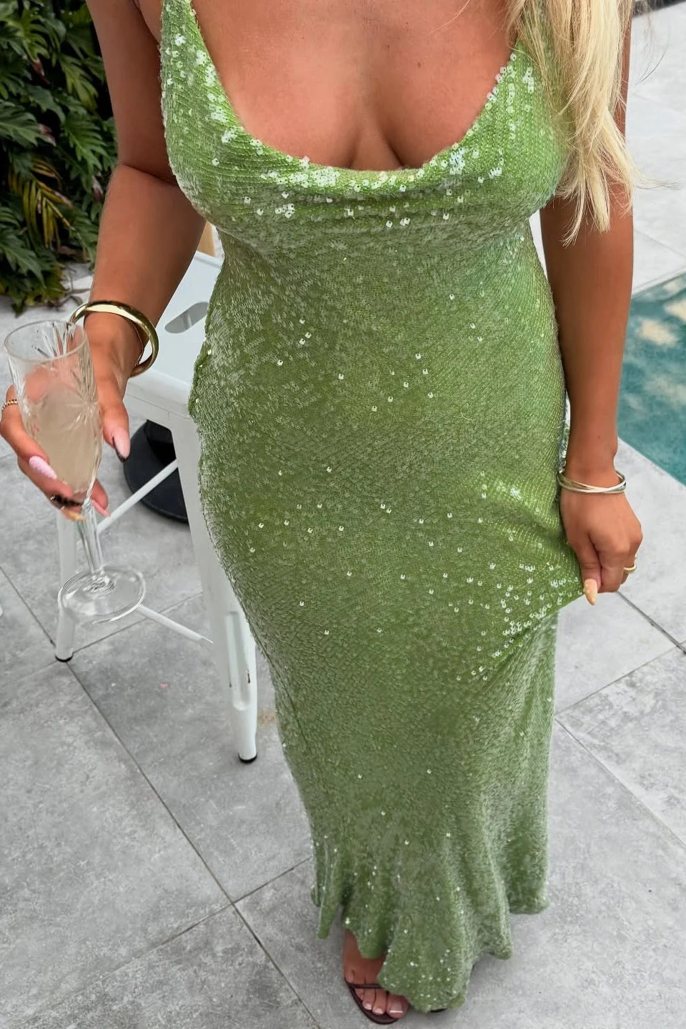Shimmering Mermaid Cowl Neck Spaghetti Straps Cross Back Floor Length Sequin Evening Dress