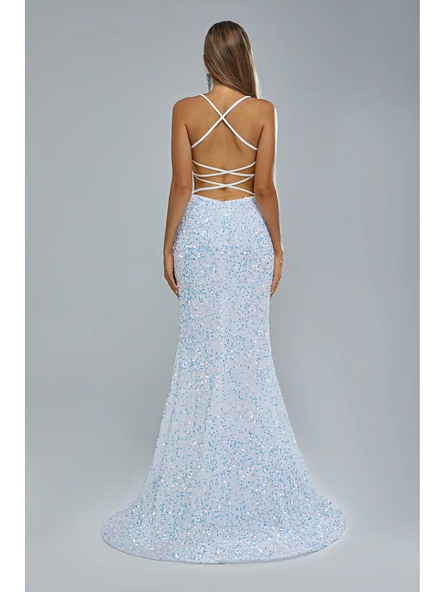 Shimmering Sequin Mermaid Scoop Neck Sleeveless Criss-Cross Back Floor-Length High Slit Evening Dresses